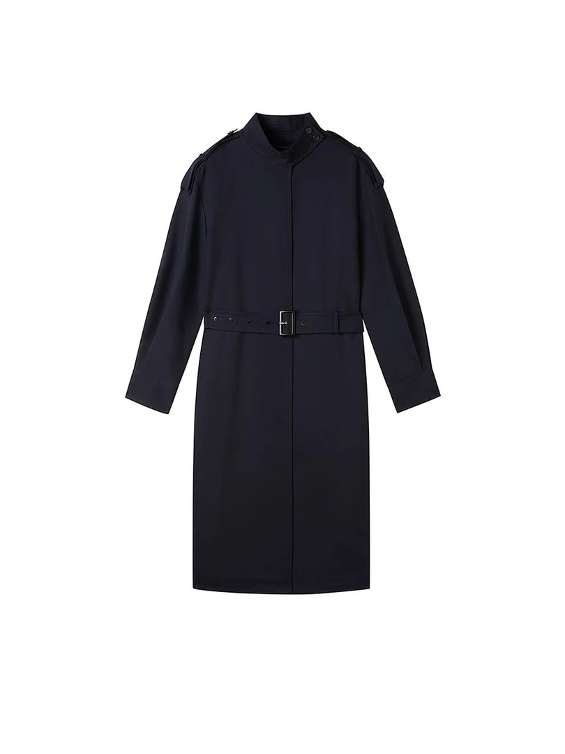 H335  秋季新款高端气质系带风衣蓝色长款外套