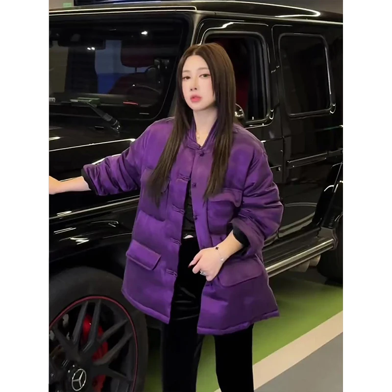 2025年高端新中式风紫色立领盘扣厚外套女冬季新款高级感国风棉服