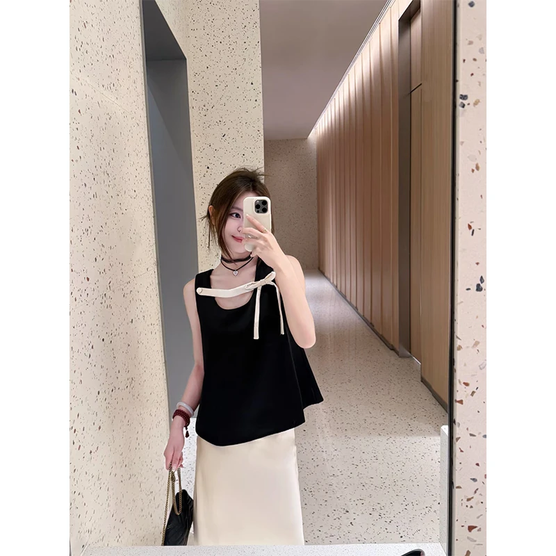 名媛气质穿搭蝴蝶结设计感吊带上衣时尚高腰垂感a字半身长裙套装