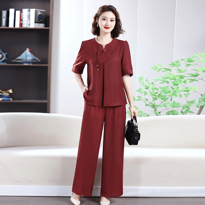 2025夏季新款女装两件套气质减龄中老年女士套装高贵休闲宽松夏