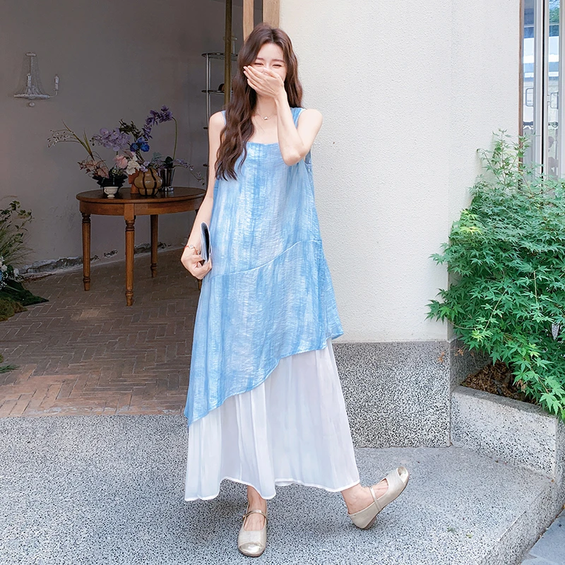 超好看扎染拼接连衣裙女2025年夏季新款宽松显瘦温柔氛围感背心裙