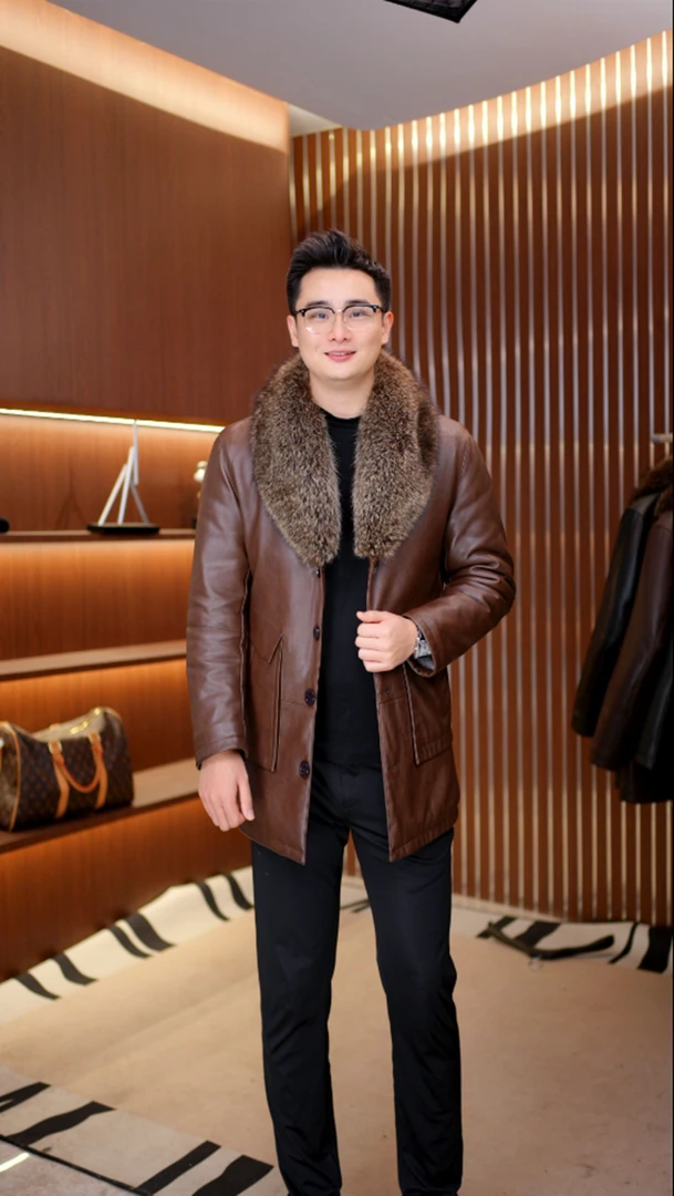 【宝佳龙】男士中长款浣熊大毛领高档时尚休闲真皮秋冬款男士皮衣