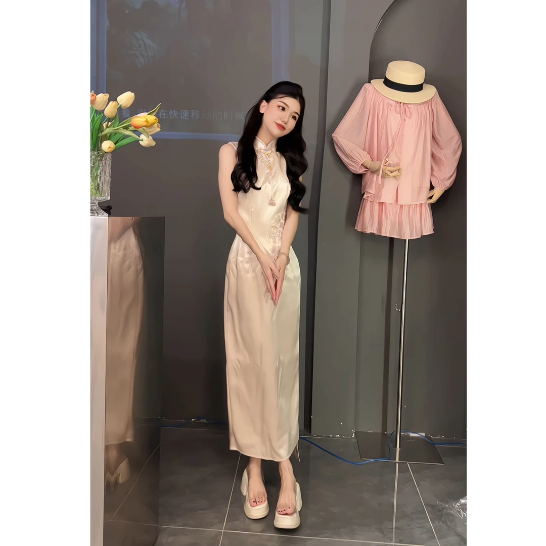 【桃宴金缕】夏气质桃花刺绣新中式国风旗袍修身开叉连衣裙