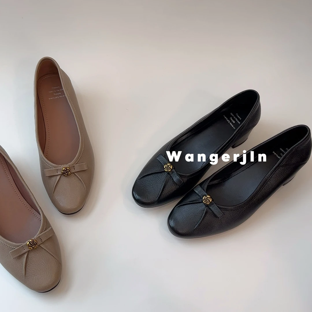 【王二今】羊皮/4CM/法式优雅山茶花蝴蝶结职场通勤时装粗跟单鞋女