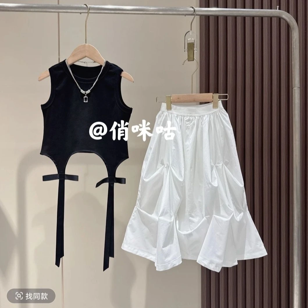 休闲风女童亲子装薄款森系女纯色夏季套装短裙时尚不规则白色童装