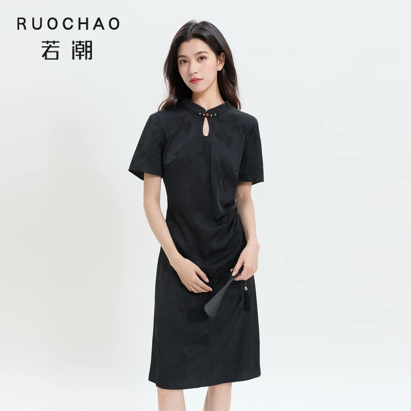 三彩大码女装2025秋季新款国风旗袍连衣裙中裙立领提花胖MM