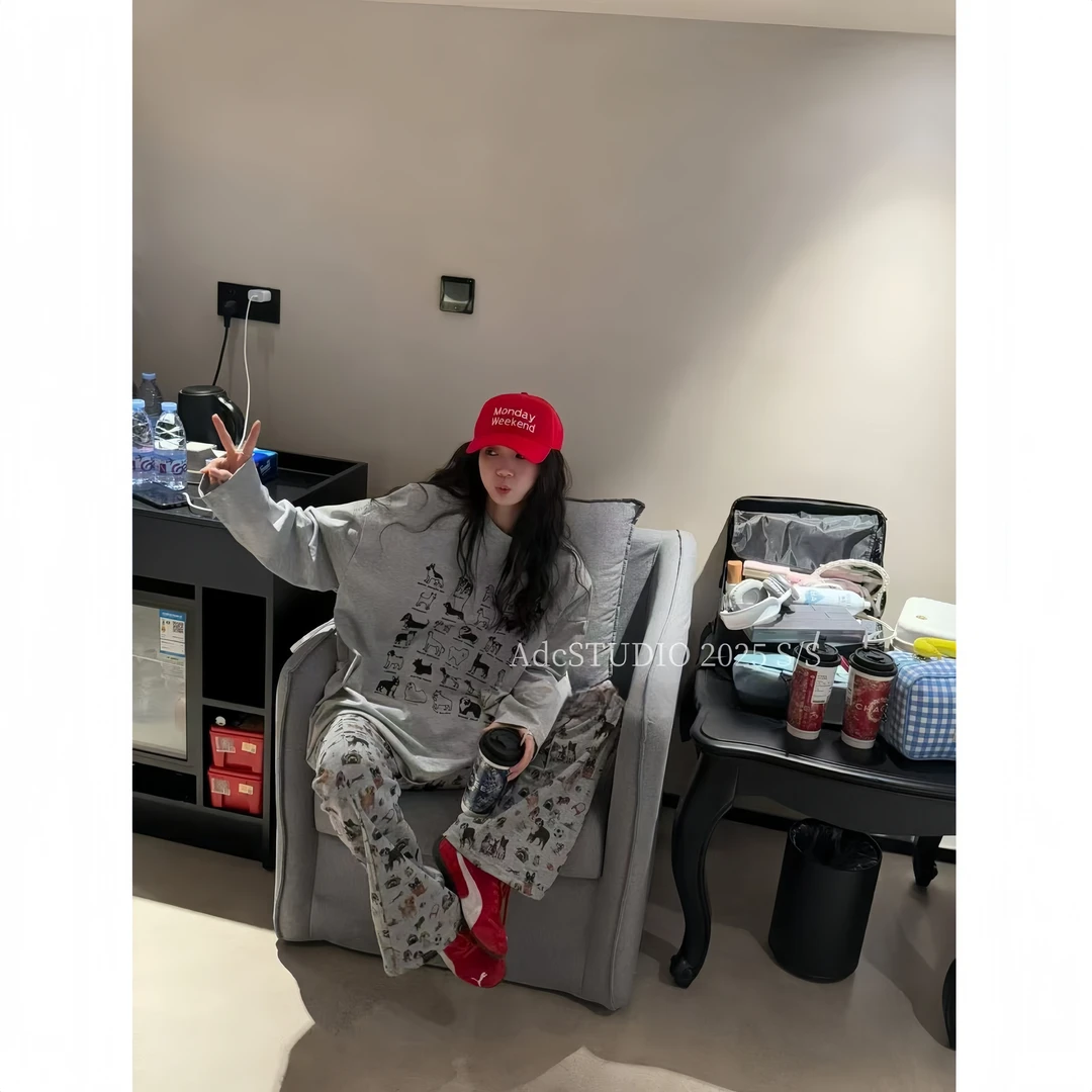 【现货-狗狗印花长袖】東room2025春季新款韩版宽松版垫肩长袖T恤女