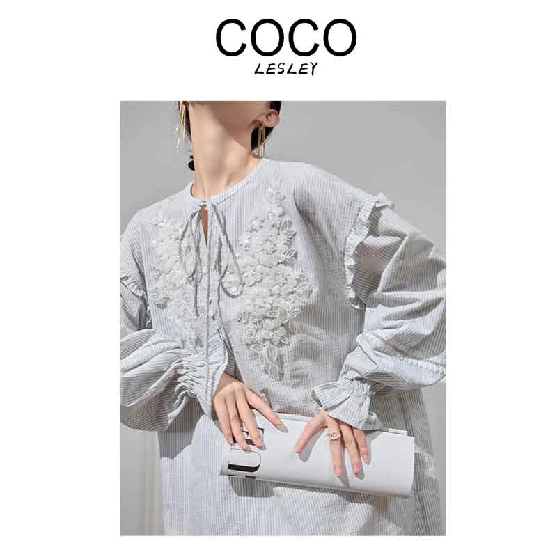【COCO LESLEY】精致绝美小上衣立体刺绣蓝色衬衫早秋2025气质衬衣