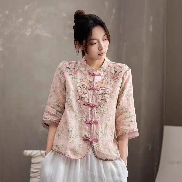 2025春复古国风100%苎麻印花衬衫女夏季新款中式刺绣立领盘扣上衣