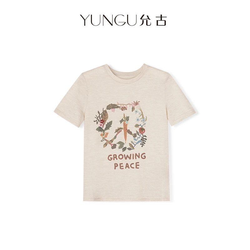 YUNGU允古【复古T】设计感时尚圆领天丝印花上衣小众洋气别致T恤女