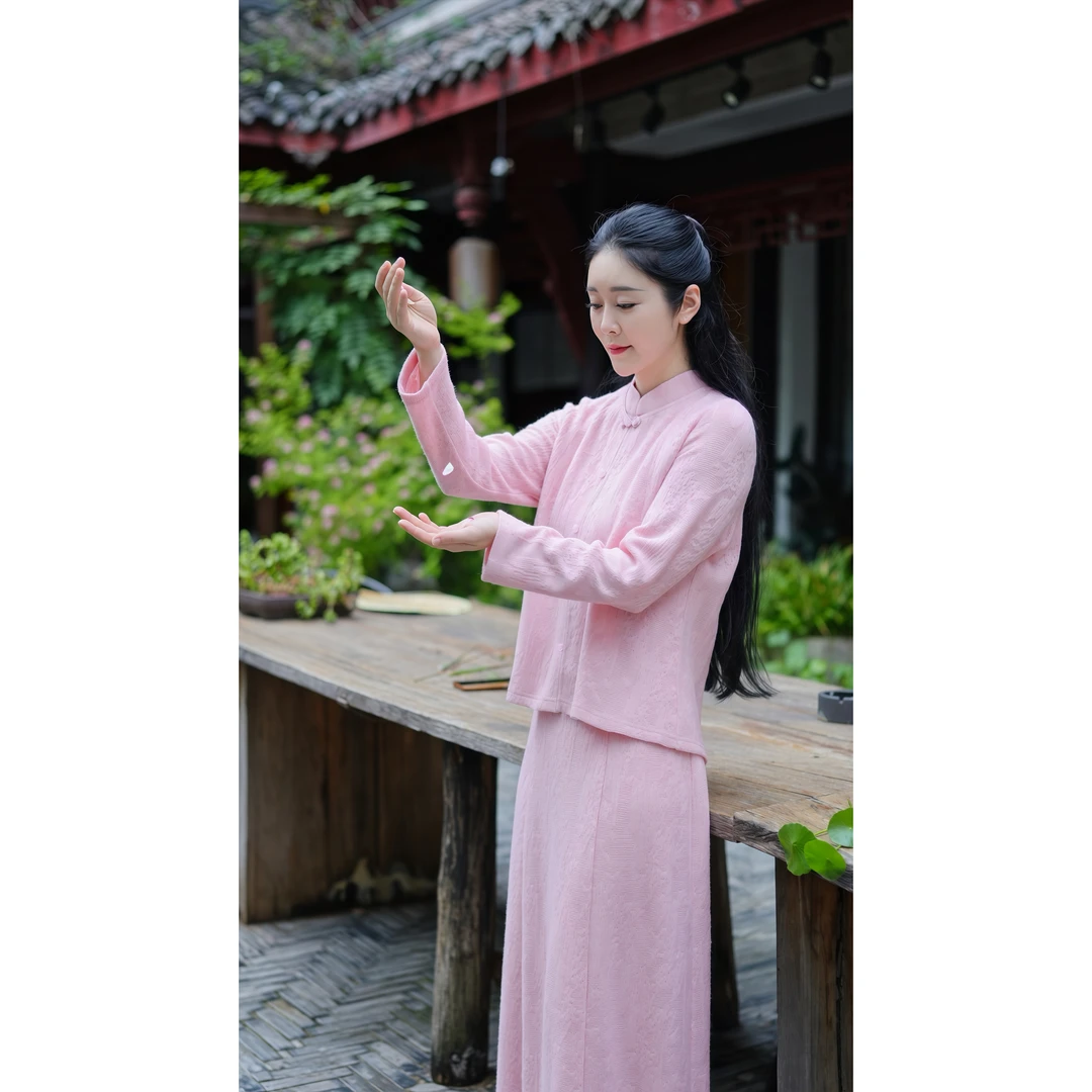 【胭脂露】秋季粉色花朵印花中国风气质时尚长款套装