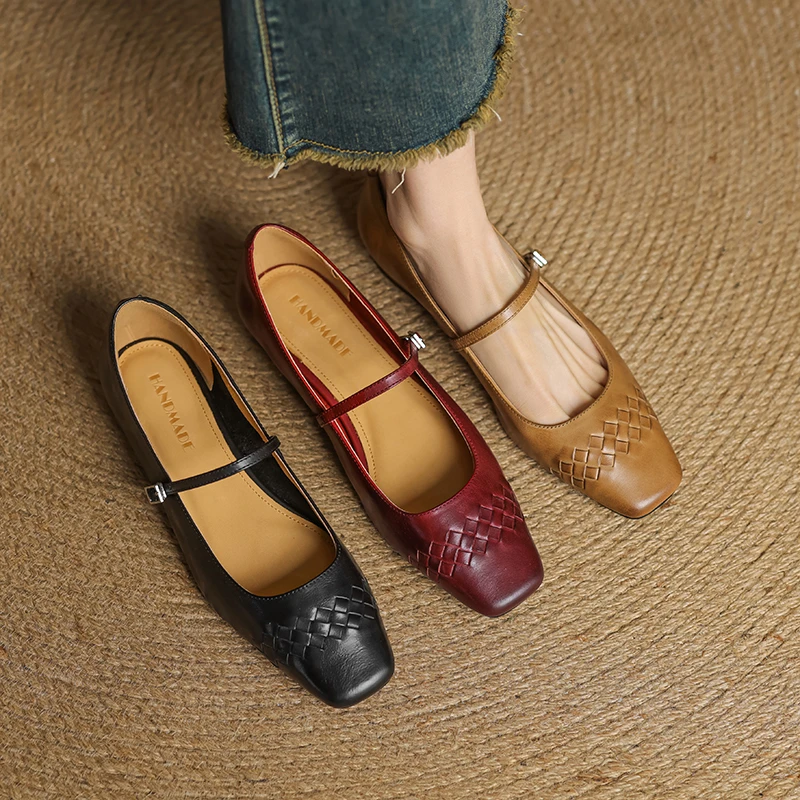 浅口单鞋女2025年新款春夏真皮法式编织矮跟一字式扣带玛丽珍女鞋