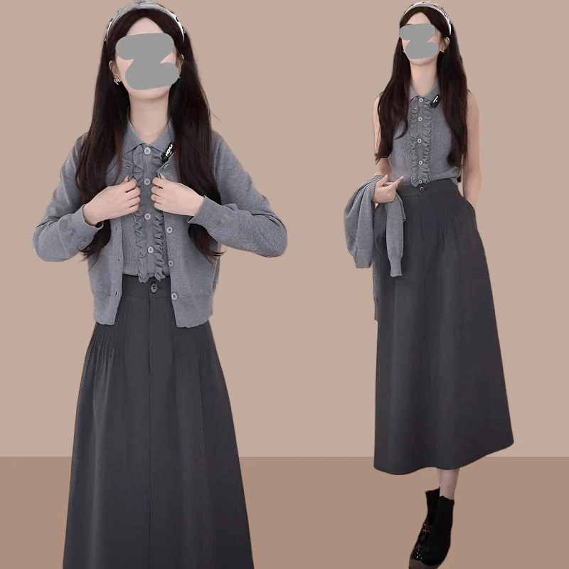 秋季穿搭一整套慵懒风时尚气质高级针织外套上衣背心裙子三件套