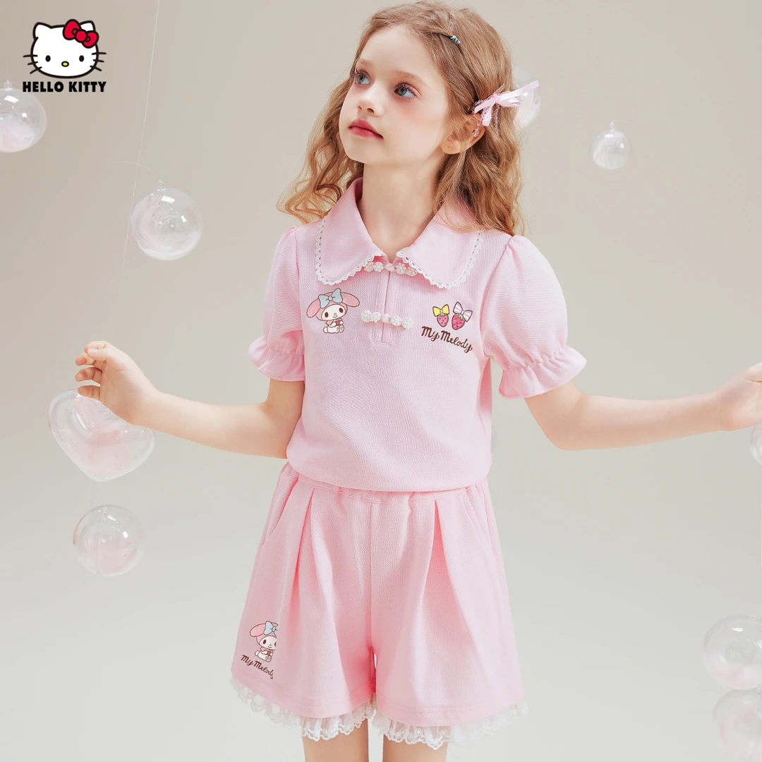 女童夏季套装2025新款新中式甜美T恤国风盘扣领中大童两件套