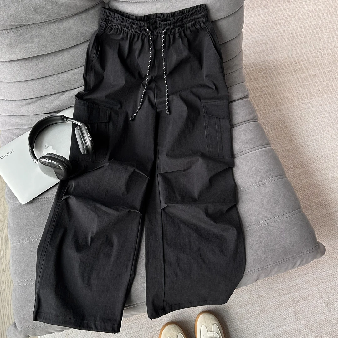 2025春季新款休闲纯色抽绳高腰阔腿女款工装裤 F9508