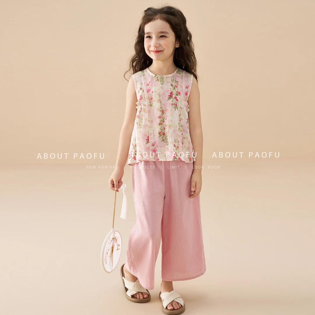 【海棠】泡芙定制 新款100苎麻 42支女童国风九分裤套装 DY1250611