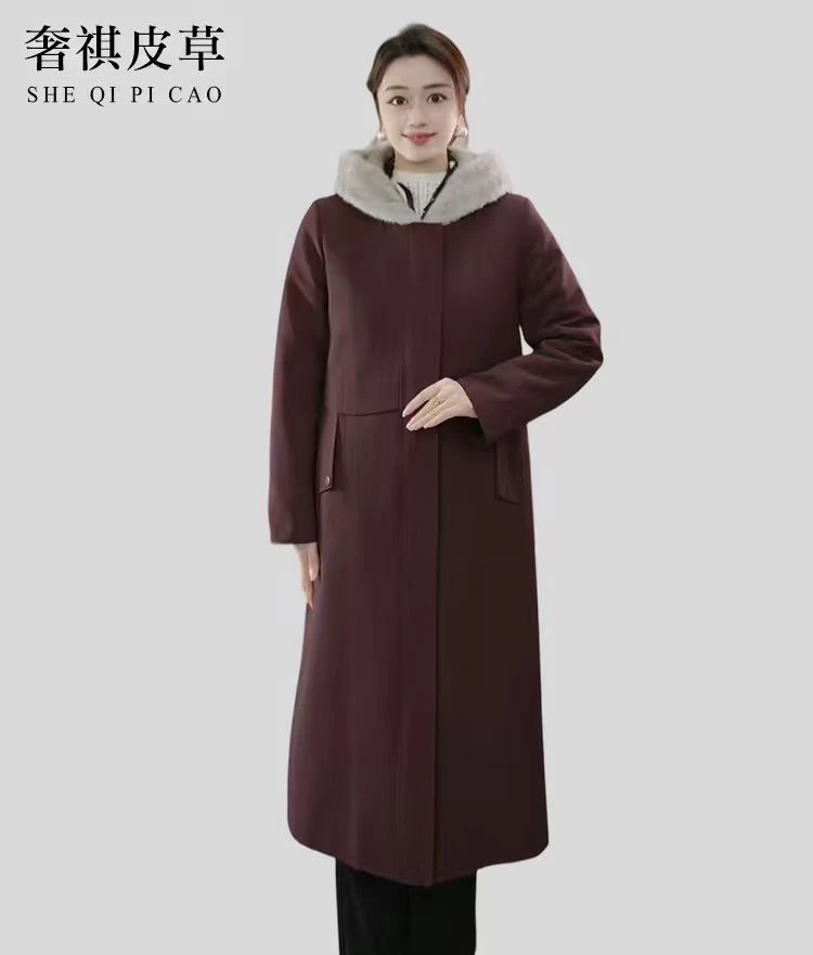 【奢祺服饰】长款连帽气质款可拆卸貂绒内胆女士尼克服外套2802