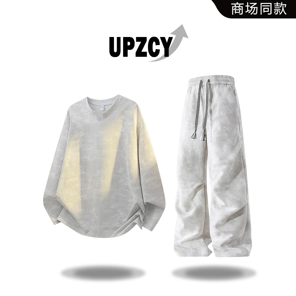 UPZCY美式休闲扎染T恤套装男款春秋痞帅设计感潮流上衣高街休闲裤