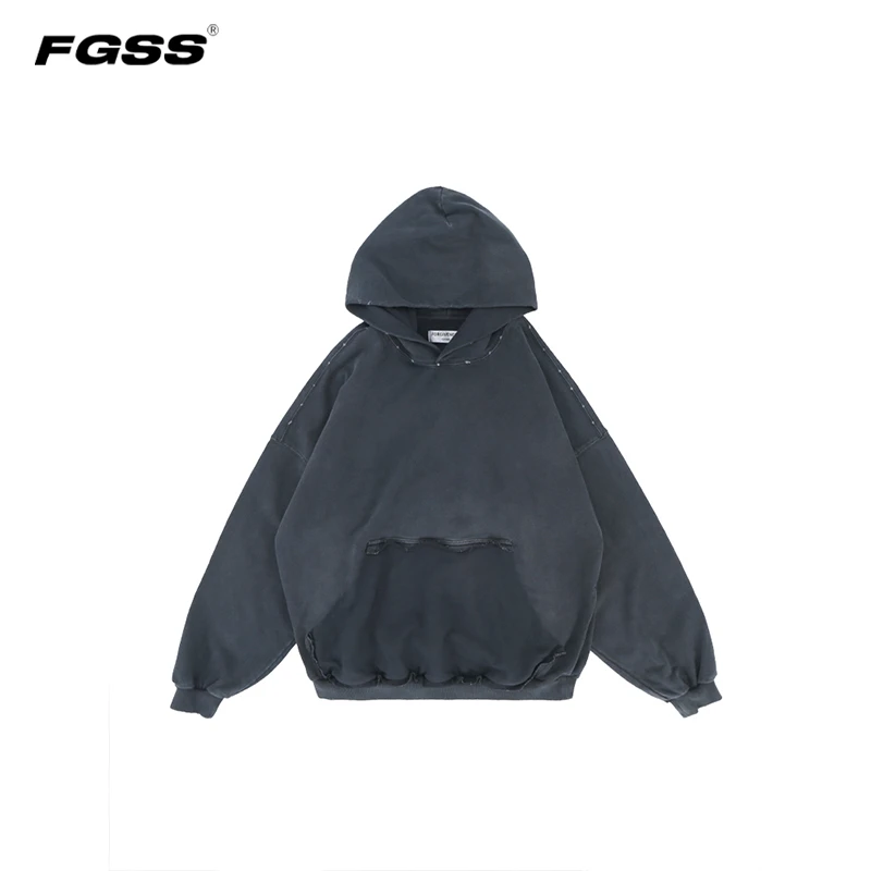 FGSS重磅水洗做旧手工破坏套头潮流加绒连帽卫衣男女同款SW312