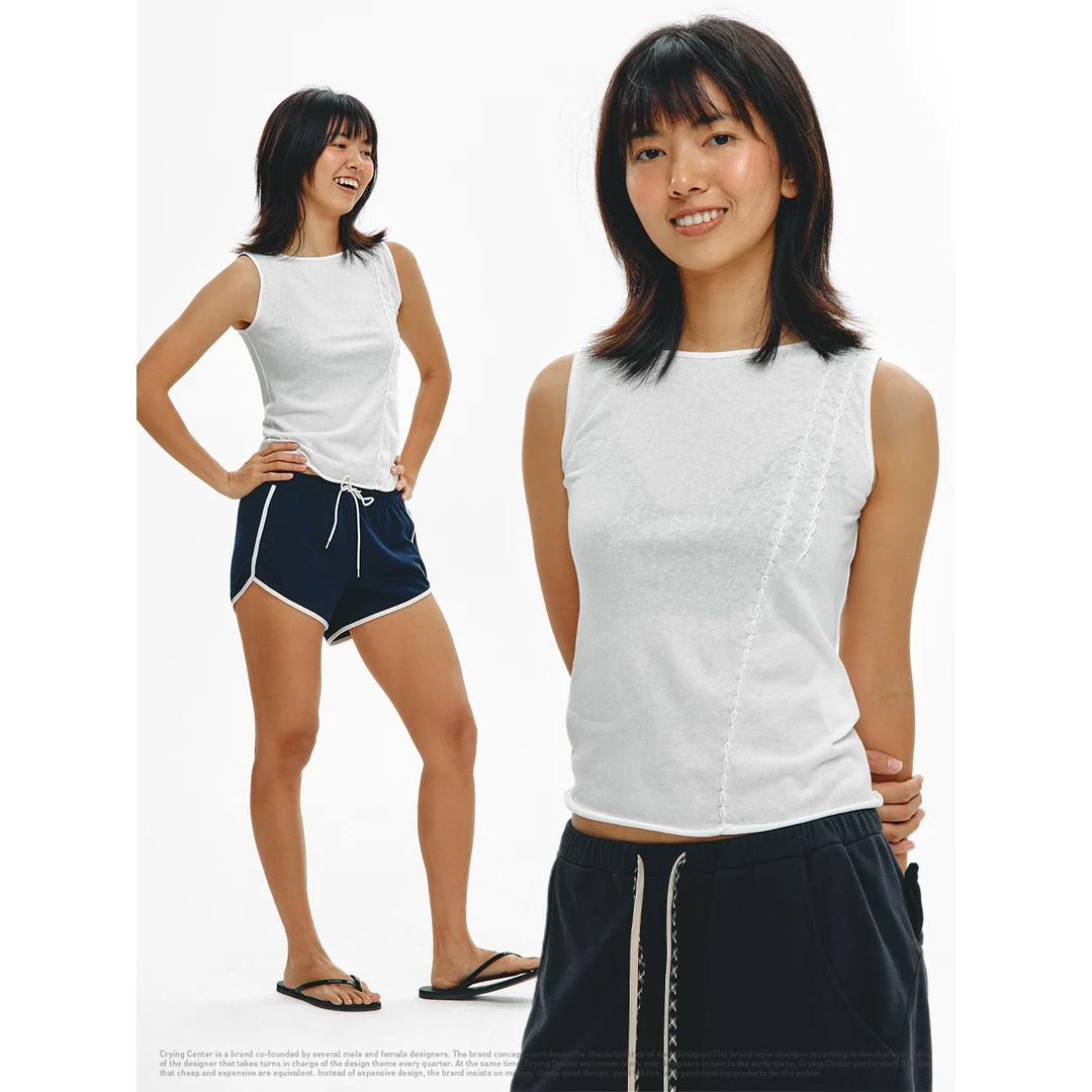 Crying center/哭喊中心半透明辫子圆领卷边背心 透气休闲