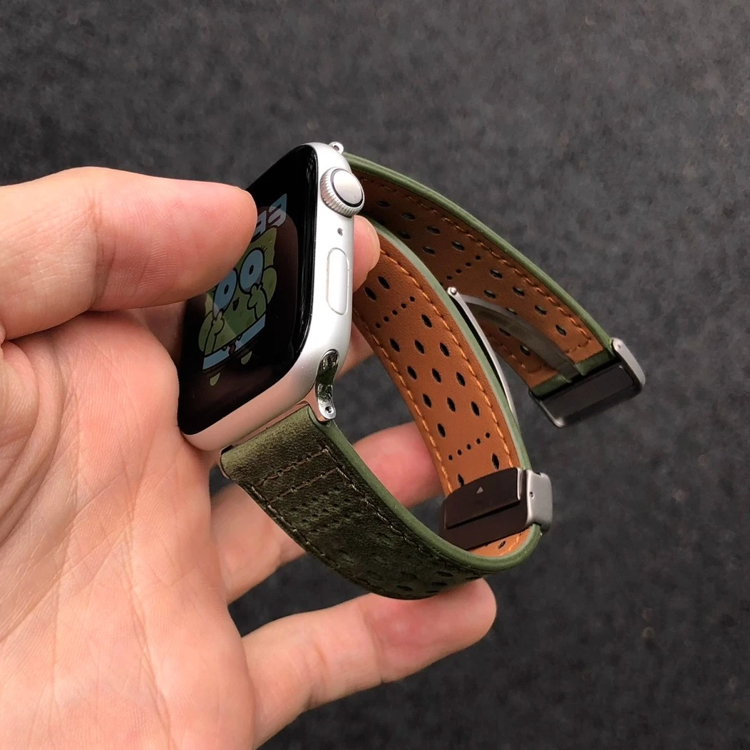 卡容镂空疯马皮适用苹果iwatch表带ultra2透气S10钛合金987小牛皮