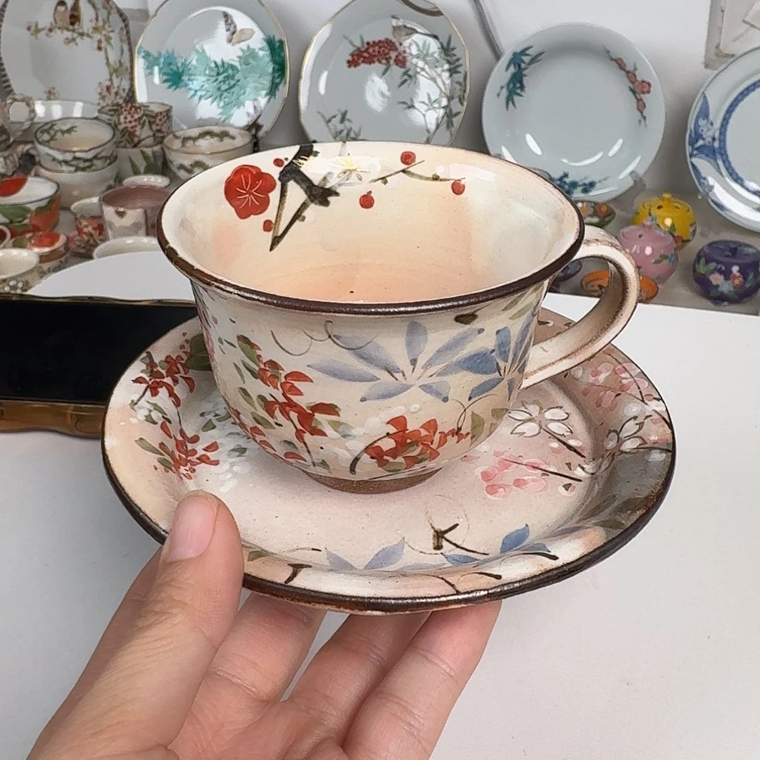 瓷片清水烧四季草花咖啡杯碟