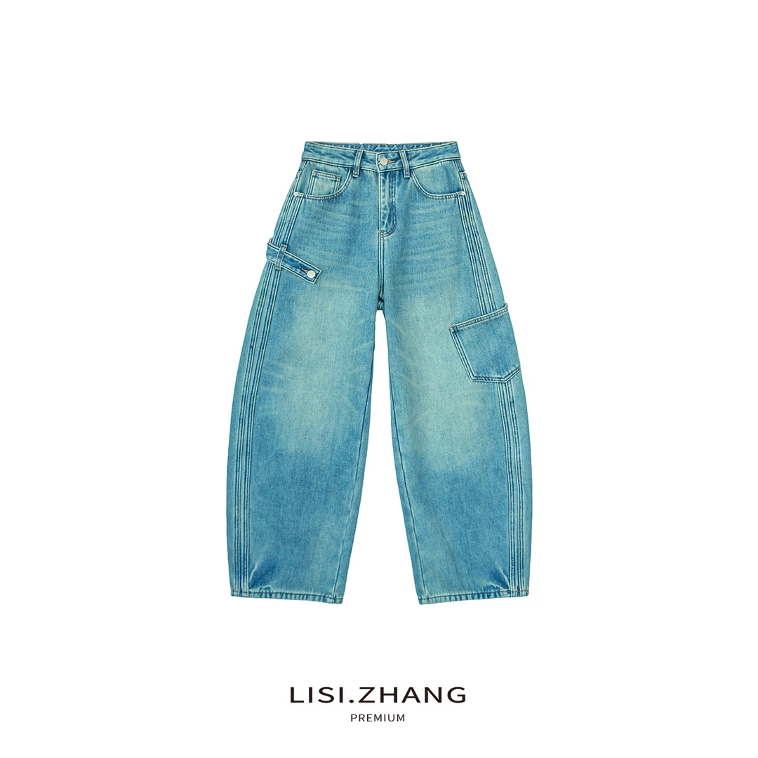 LISI.ZHANG--【立体加绒牛仔裤】高腰加绒加厚阔腿弯刀牛仔长裤