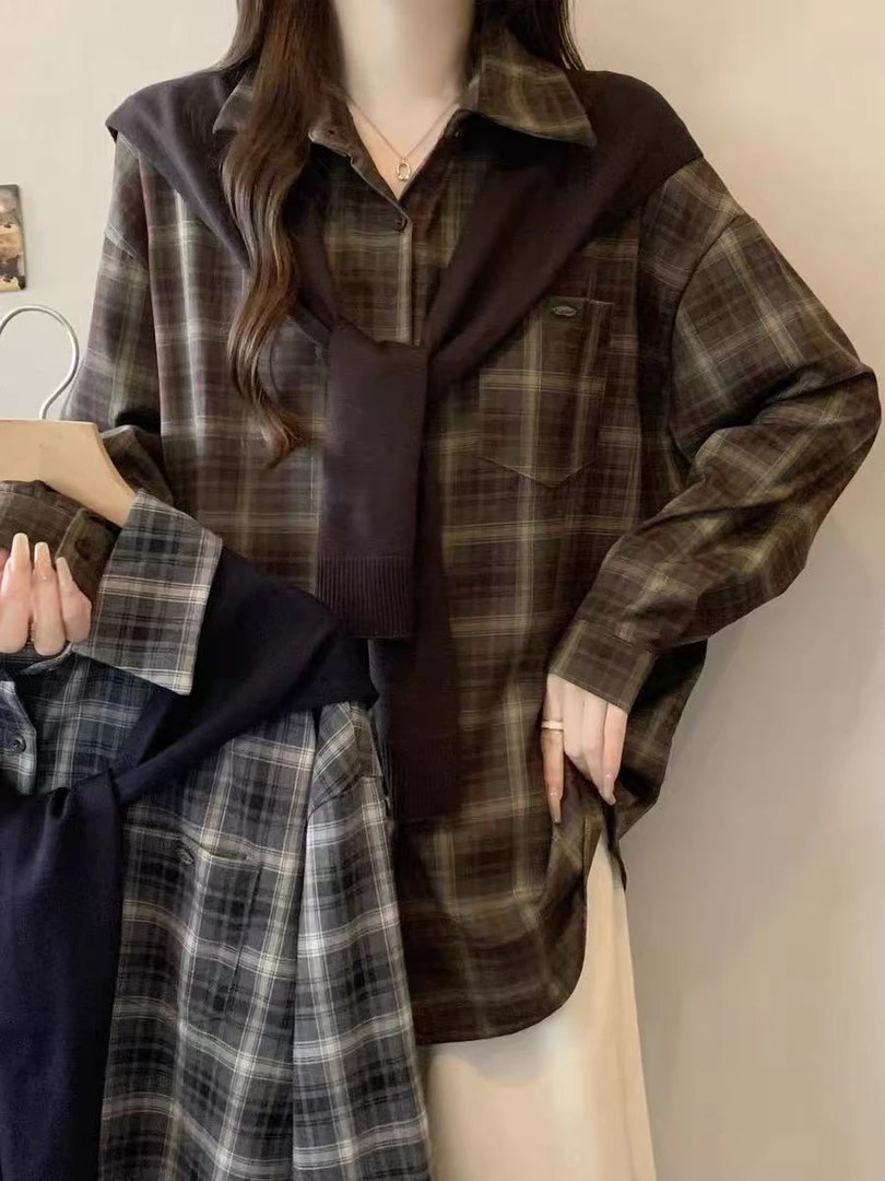复古披肩格子外套衬衫女秋季新款微胖mm大码女装慵懒宽松长袖上衣