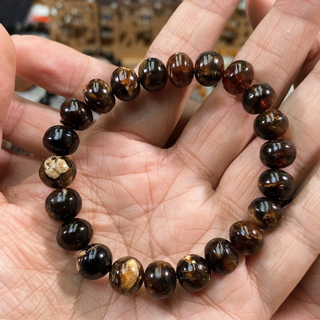 琥珀未镶嵌手链10黑花手串