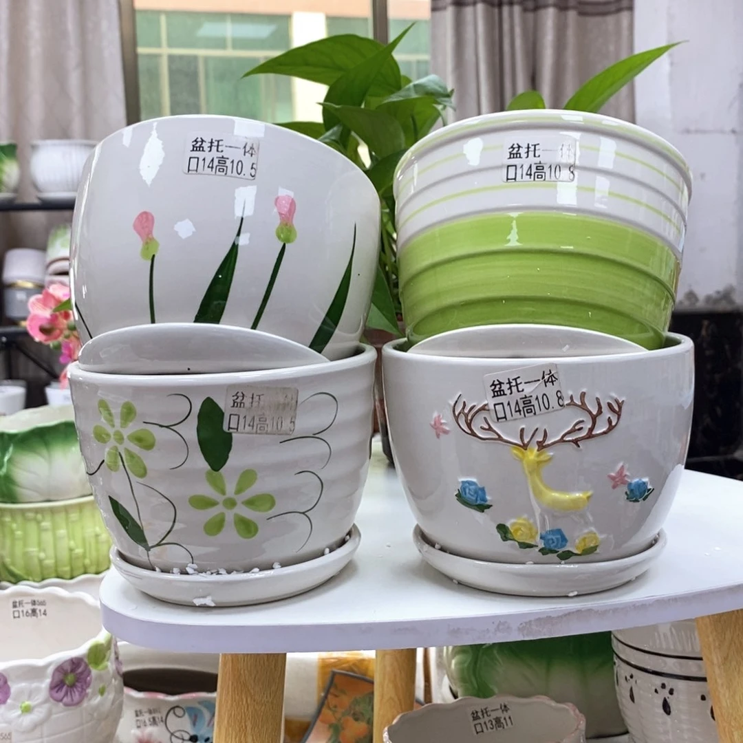 @陶瓷花盆@@四个手绘