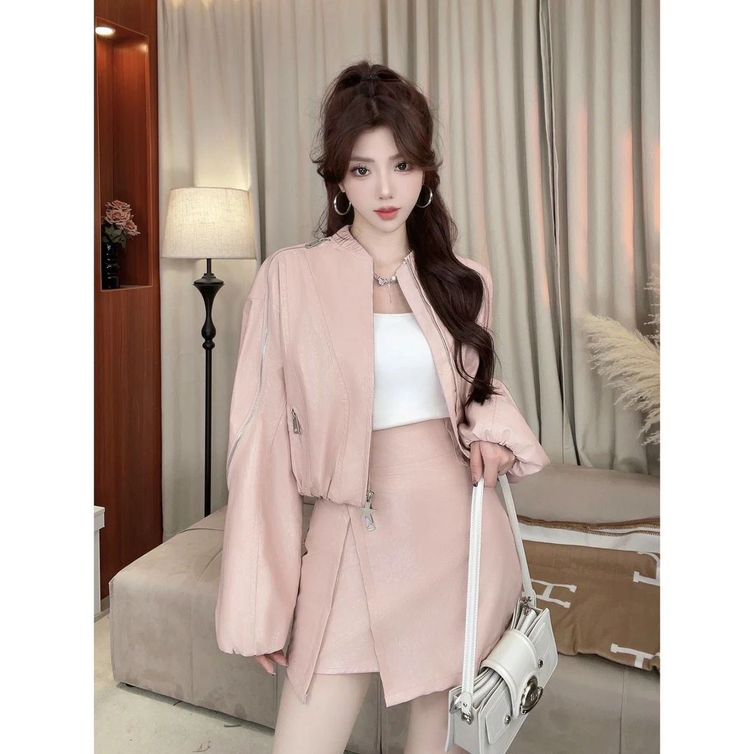 【蔷薇梦核】春款流行时尚皮外套女遮臀遮胯高腰裙裤两件套#2012