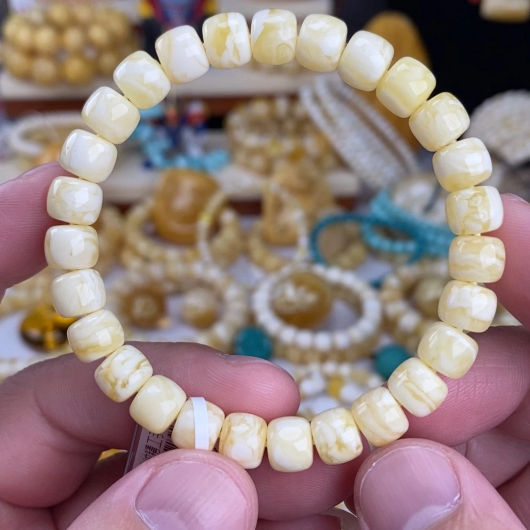 蜜蜡未镶嵌手链瓷白细纹白底虎皮纹8.5mm