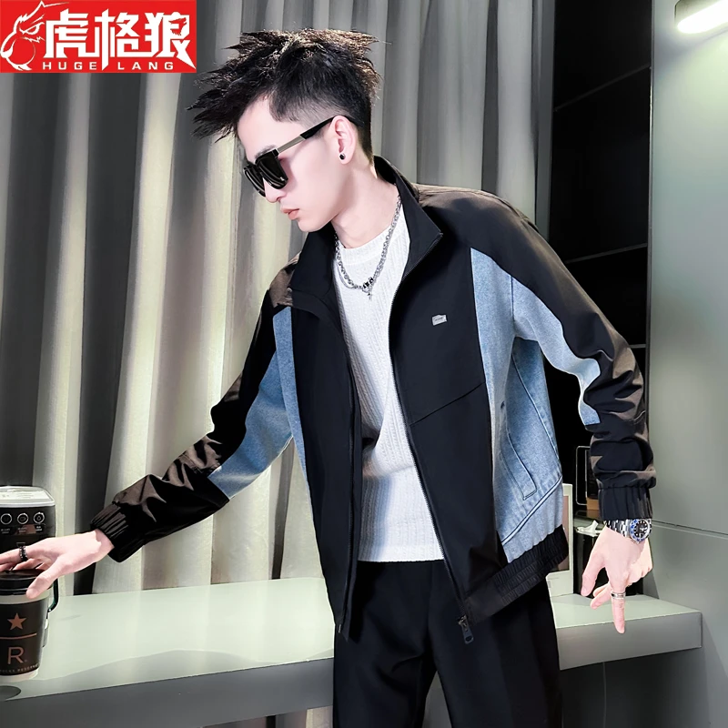 牛仔拼接男士外套潮流休闲基础大众帅气拼色高级感夹克2025春秋季