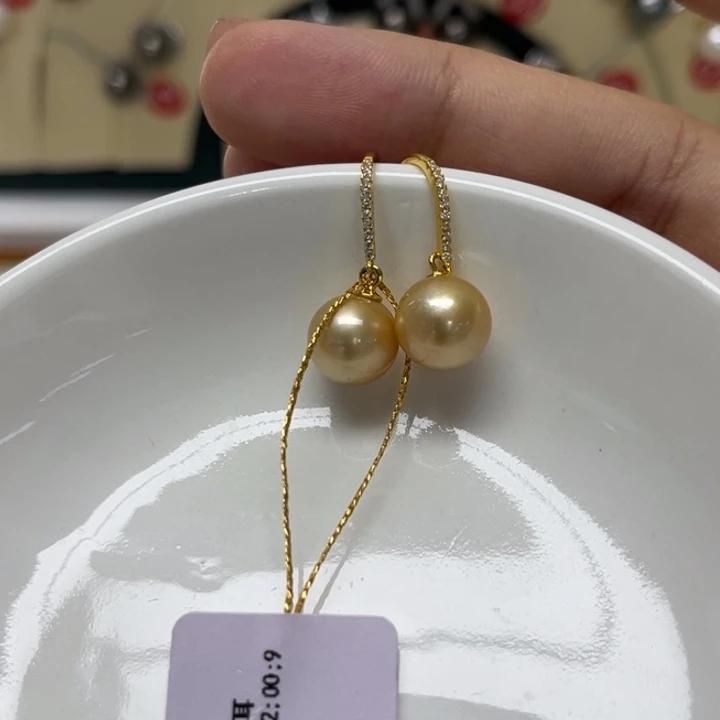 耳饰海水珍珠银S925镶嵌金珠9–10mm61号