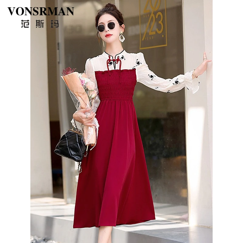 盘扣新中式碎花连衣裙女装2025春秋季拼接新款褶皱泡泡袖收腰显瘦