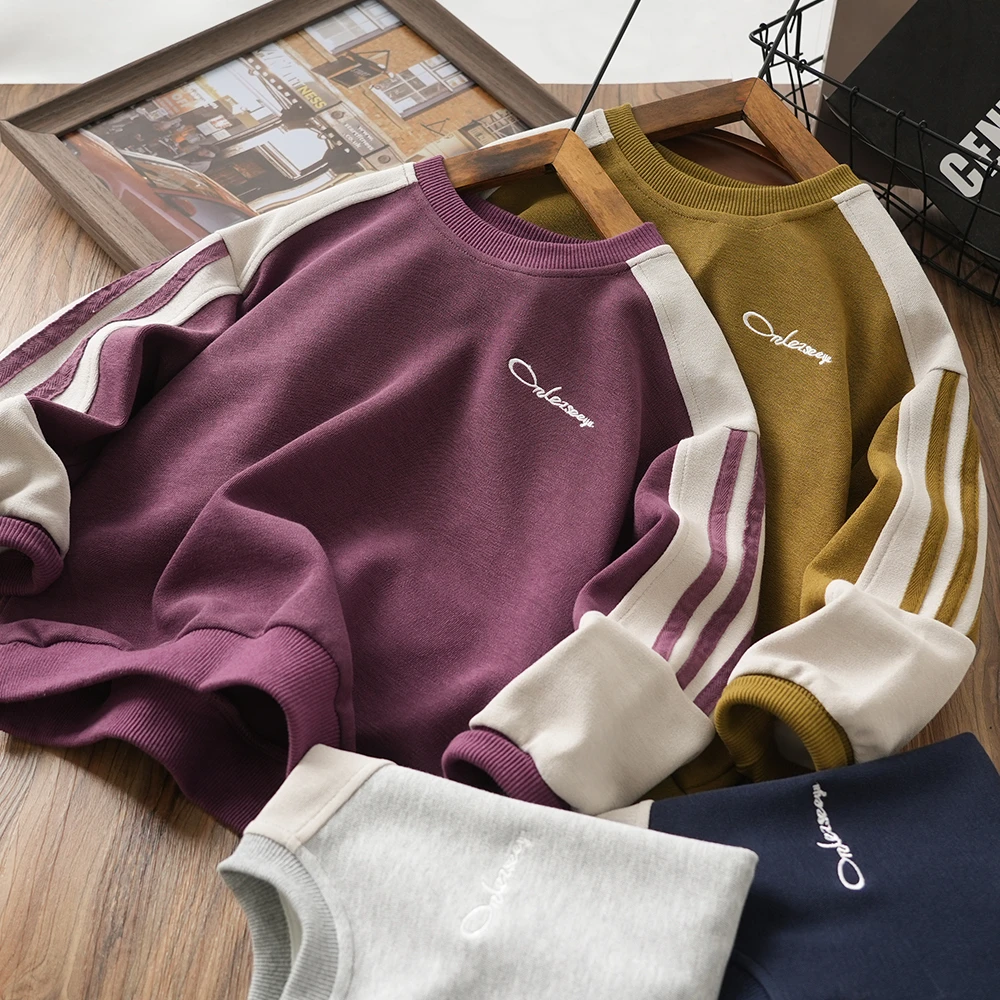 男童儿童春秋新款拉条字母刺绣拼接卫衣中大童圆领休闲上衣