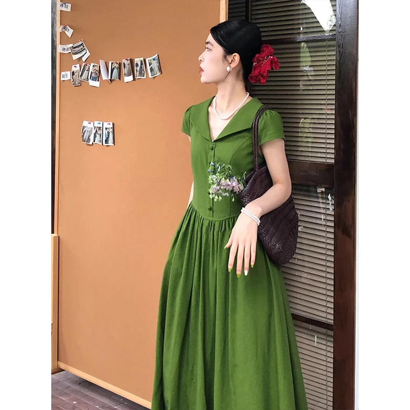 法式复古短袖气质连衣裙女夏季优雅独特设计感长裙2025新款大摆裙
