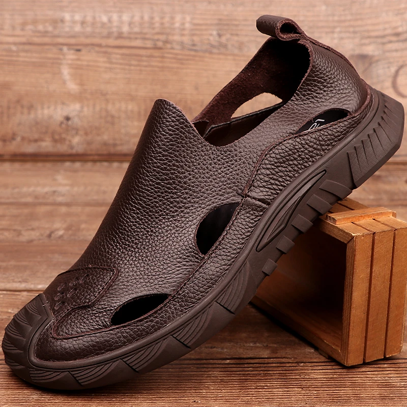 真皮凉鞋男士夏季一脚蹬打孔透气皮鞋镂空包头防滑软底套脚休闲鞋