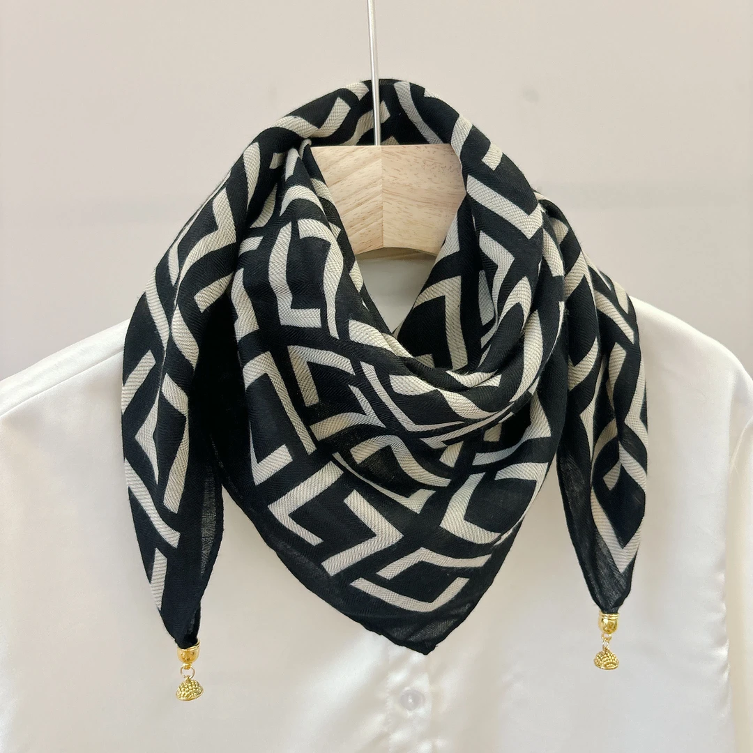 【黑白格子磁扣方巾】 棉麻新中式百搭时尚优雅披肩丝巾70*70