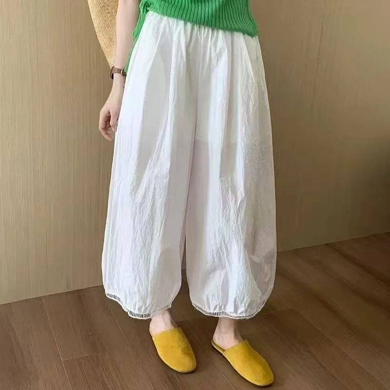 夏季女士九分白色阔腿气球裤慵懒风松弛感薄款休闲裤