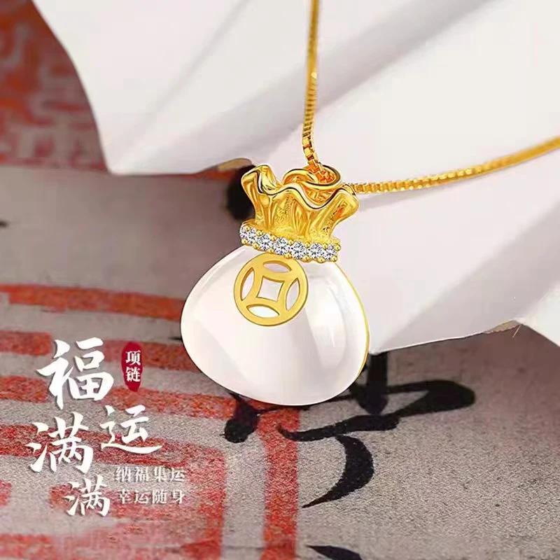 锌合金吊坠 福气满满玲珑福袋项链时尚百搭锁骨链吊坠【leah】