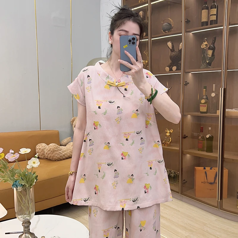 新中式睡衣女款爆款2025新款夏季短袖印花三件套装家居服可外穿