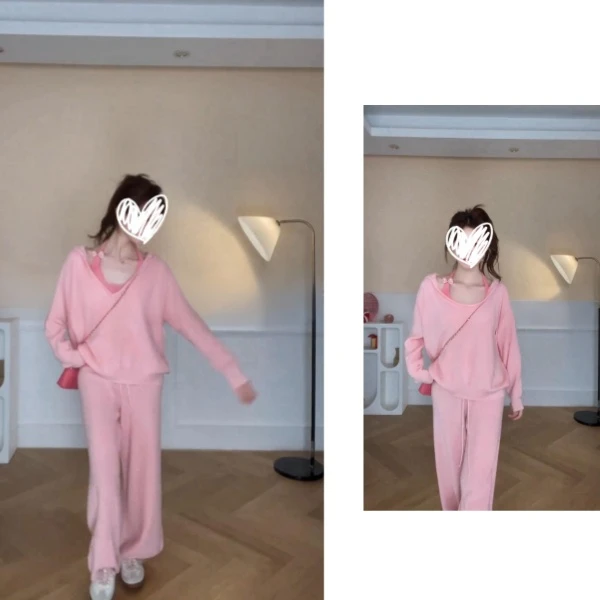 秋季新款粉色宽松软糯大U领设计感针织毛衣挂脖内搭阔腿裤三件套