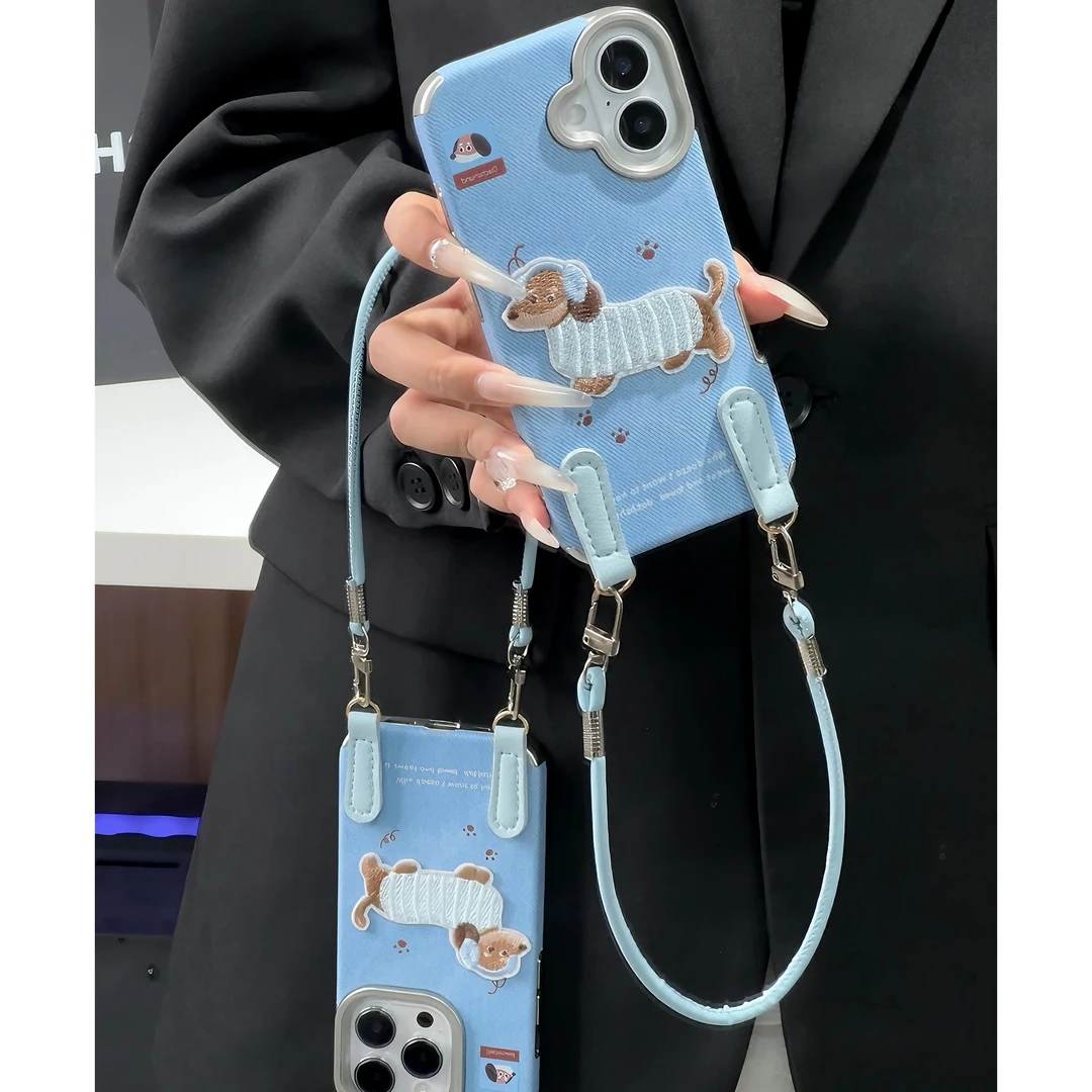 雅天立牛仔纹刺绣小狗挂绳适用苹果17promax手机壳15/16复古13套