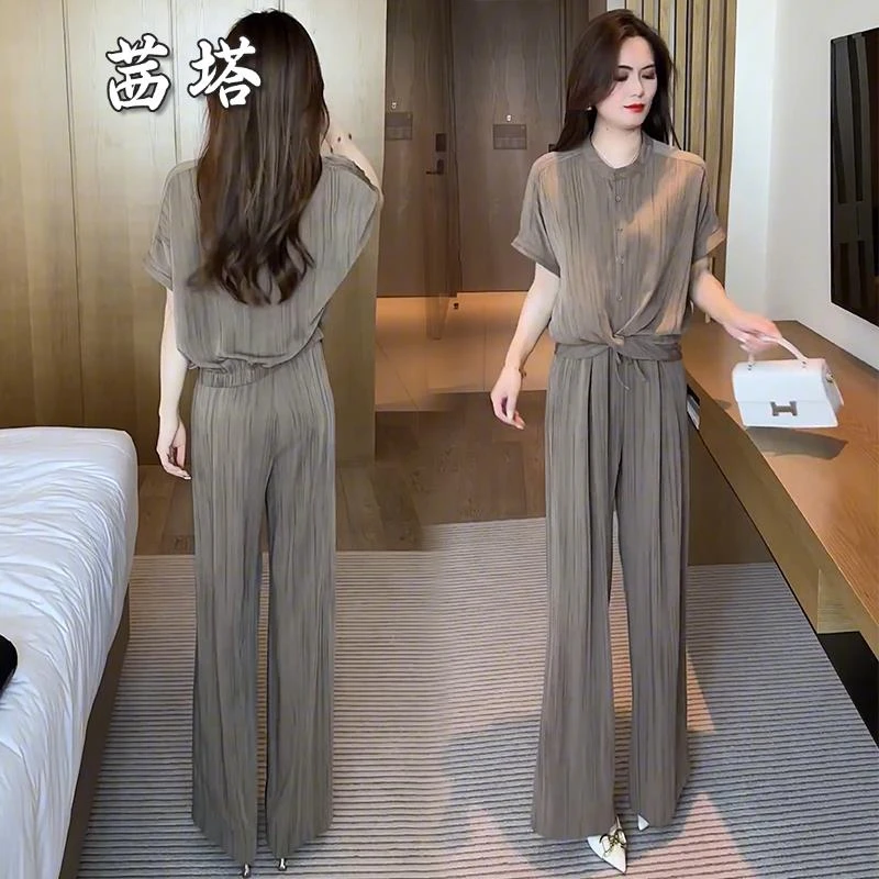 2025时尚洋气阔腿裤套装女夏季新款高级感遮肚子显瘦两件套一整套