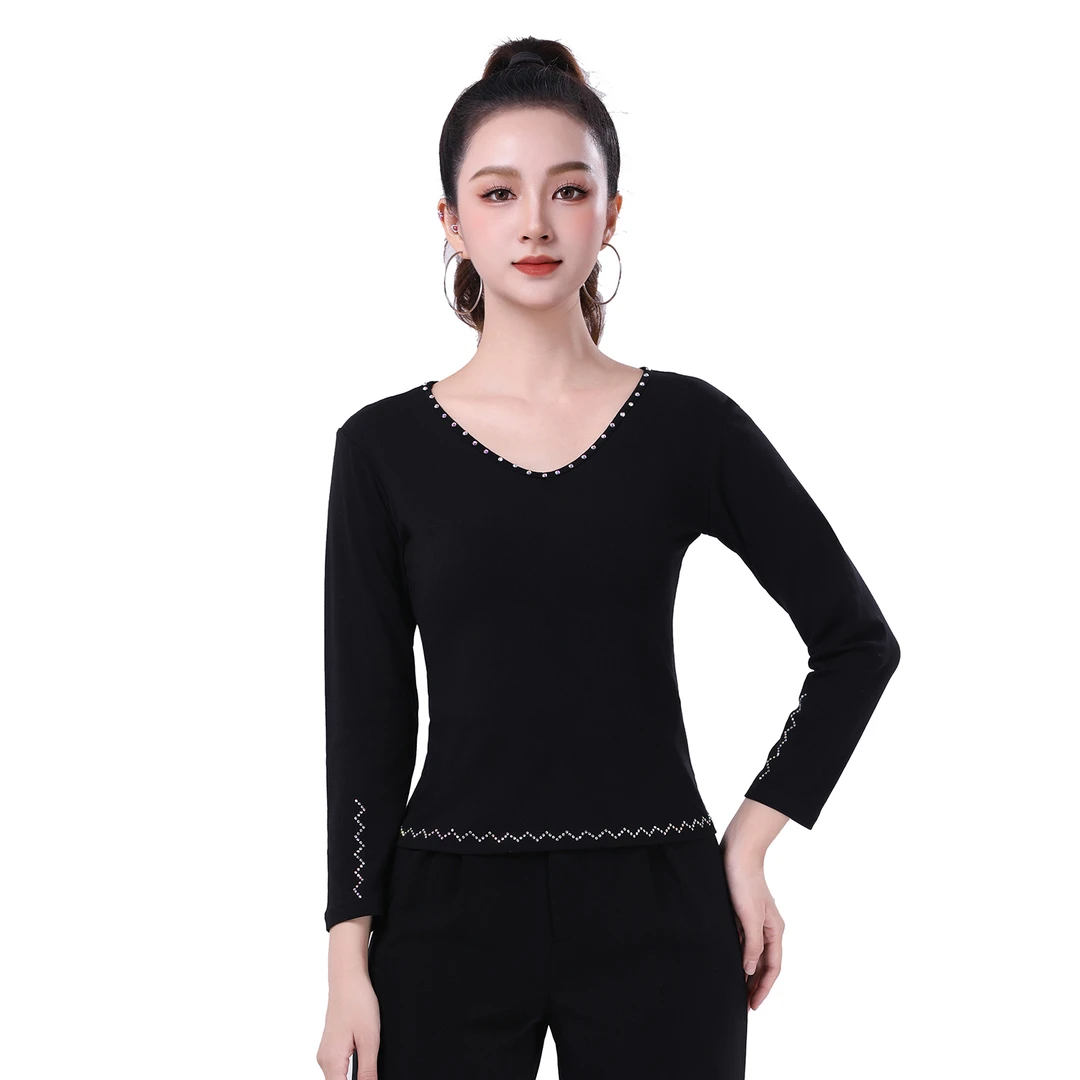 春秋新款螺纹棉烫钻长袖上衣气质显瘦收腰遮肚修身百搭跳舞服女士