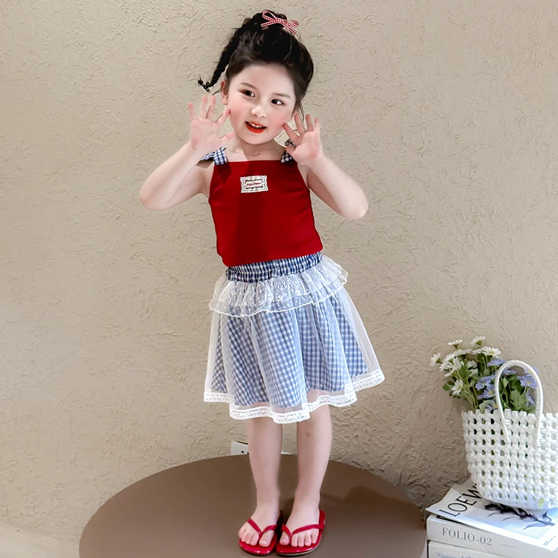 韩版女童套装2025新款儿童夏季女宝宝时髦洋气格子花边纱裙两件套