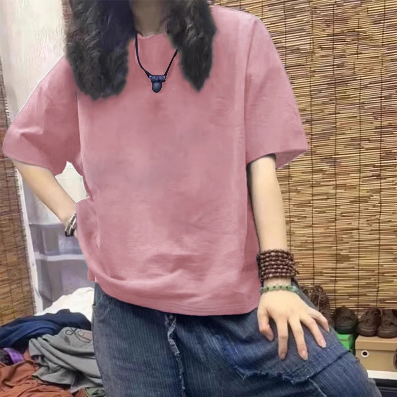 粉色短袖t恤女2025新款夏季韩版宽松纯色圆领半袖纯棉上衣打底衫