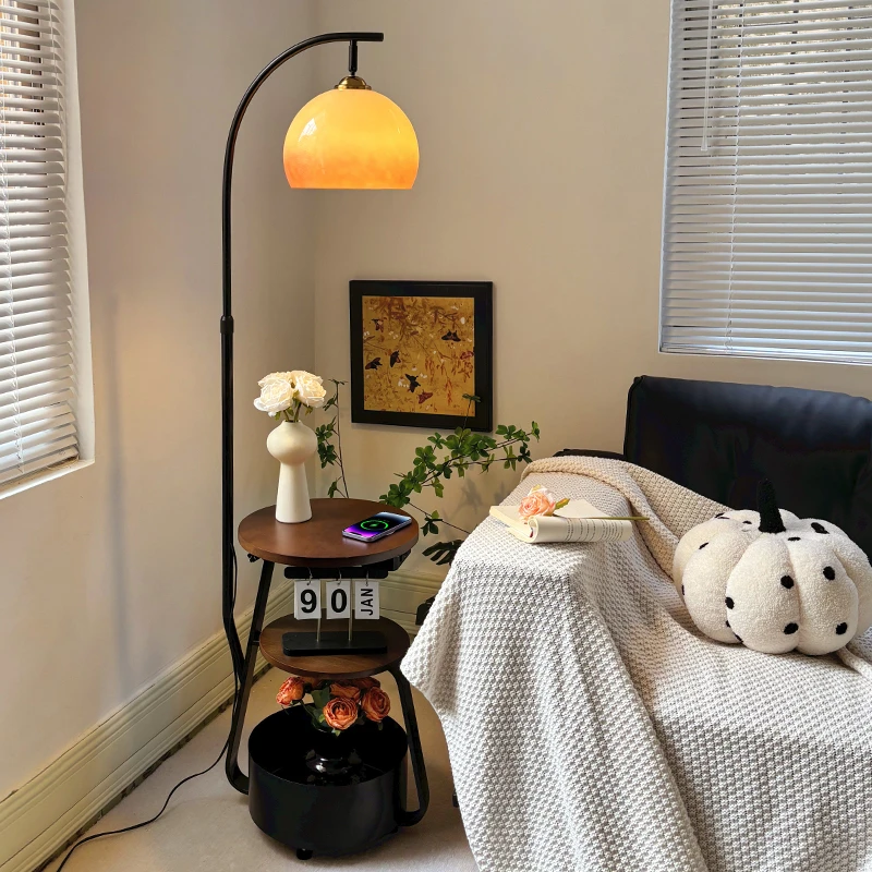 中古风落地灯柚子灯客厅沙发旁高级感卧室床头柜置物充电一体台灯