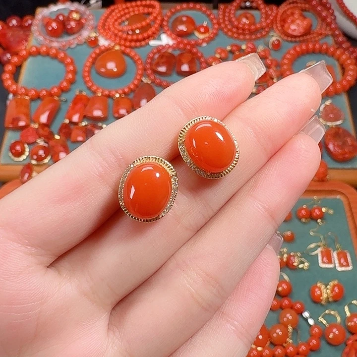 南红玛瑙银S925镶嵌顶货耳饰